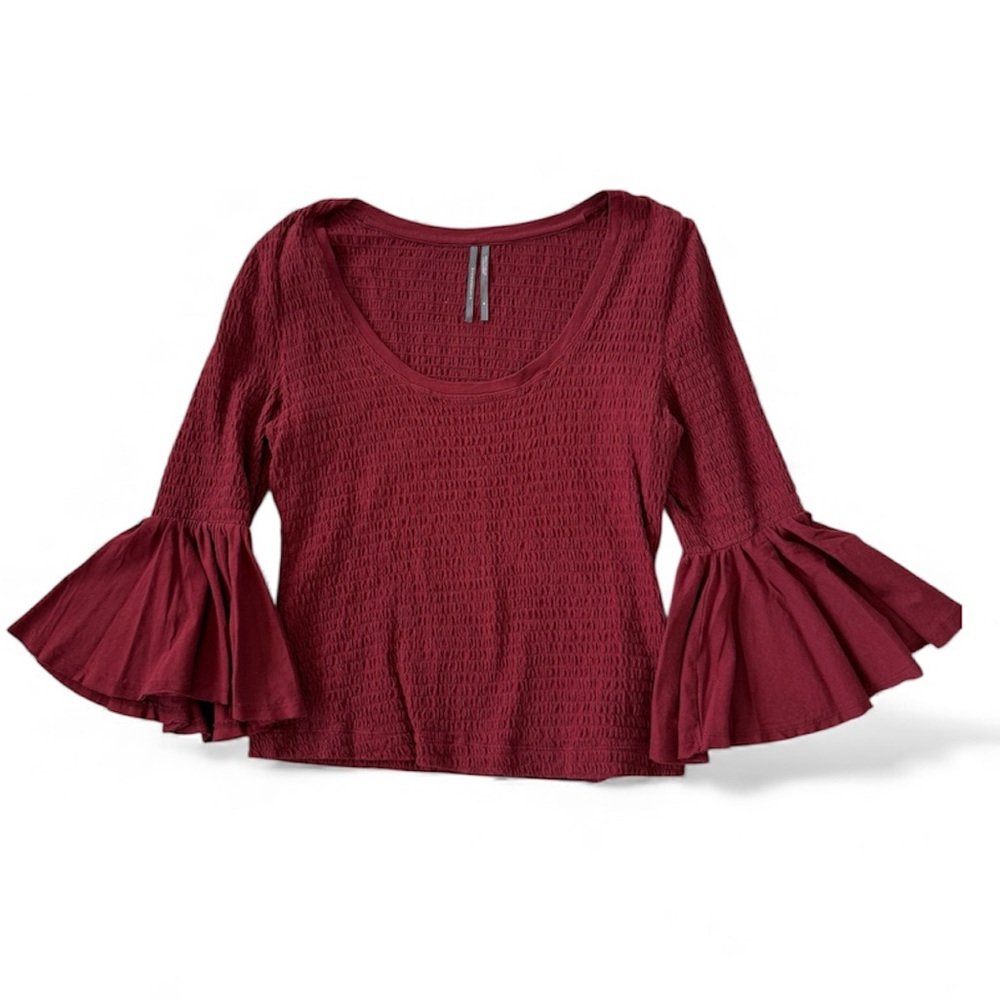 Anthropologie Smocked Bell Sleeve Top Shirt Blouse Red Burgundy size medium